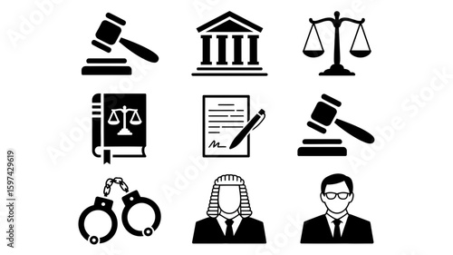 Collection of nine black legal and justice icons in silhouette isolated on white background