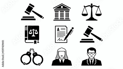 Collection of legal icons including gavel scales courtroom book handcuffs and lawyer silhouette isolated on white background