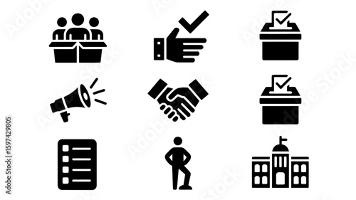 Collection of election and political process icons featuring voting ballot box and handshake silhouette isolated on white background