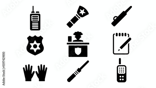 Collection of police equipment and symbols including a badge flashlight notepad and communication devices silhouette isolated on white background