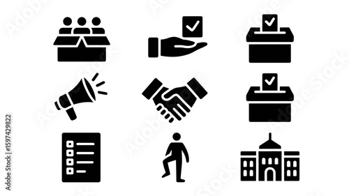 Collection of election and voting symbols silhouette isolated on white background