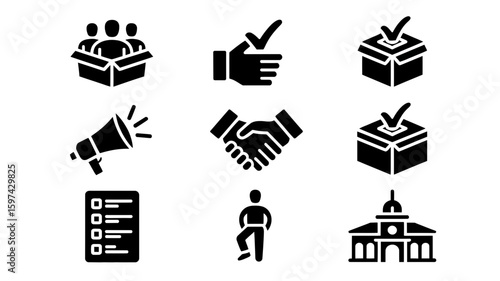 Collection of election and voting icons representing democracy and civic engagement silhouette isolated on white background