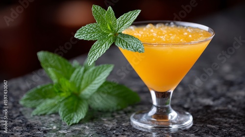 A chilled orange beverage garnished with fresh mint leaves sits on a speckled surface