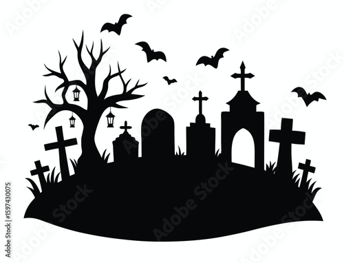 Halloween cemetery silhouette with bats and spooky tree isolated on transparent background