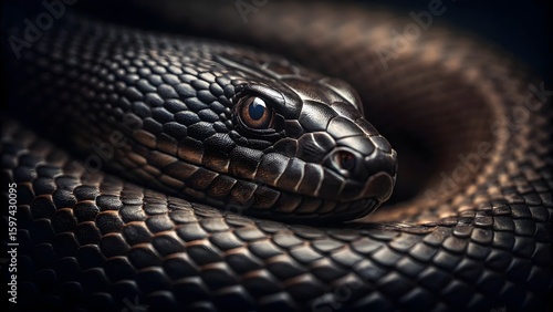 Close up macro shot of a dark scaled snake coiled and resting