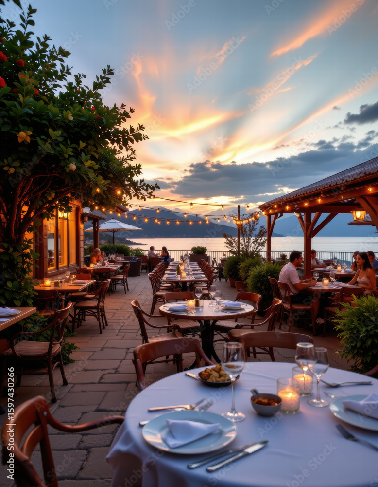 custom made wallpaper toronto digitalBeautiful outdoor restaurant scene at sunset, featuring tables set for dining, surrounded by lush greenery and warm lighting. sky is painted with vibrant colors, creating romantic atmosphere