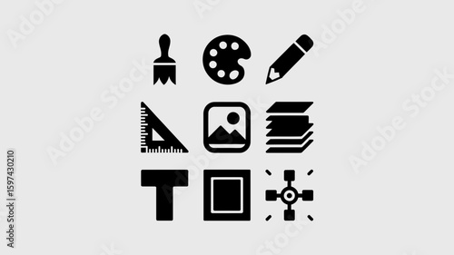 Collection of graphic design and art creation tool icons in silhouette isolated on white background
