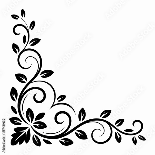 Elegant black floral swirl design with leaves in a corner silhouette isolated on white background