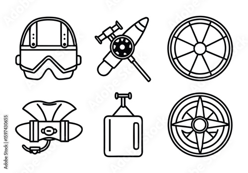 Black and white line art icons of diving equipment and navigational tools diving mask snorkel