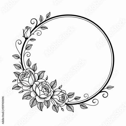 Elegant floral wreath with roses and leaves forming a decorative circular frame silhouette isolated on white background