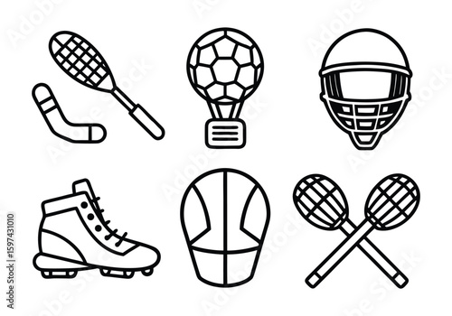 Black and white line art icons of sports equipment including a hockey stick and puck a soccer ball trophy a football helmet a cleated shoe a basketball and