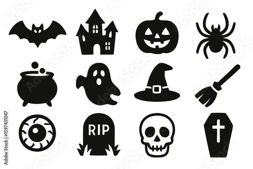 Collection of halloween icons featuring a bat haunted house pumpkin spider cauldron ghost witch hat broomstick eyeball tombstone skull and coffin isolated on white background silhouette