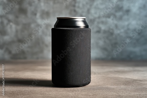 A can of cold beverage is inside of a black insulated holder sleeve. Promote drink brands or illustrate beverage coolness preservation.