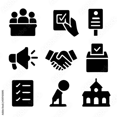 Collection of silhouette icons representing government and civic engagement isolated on white background