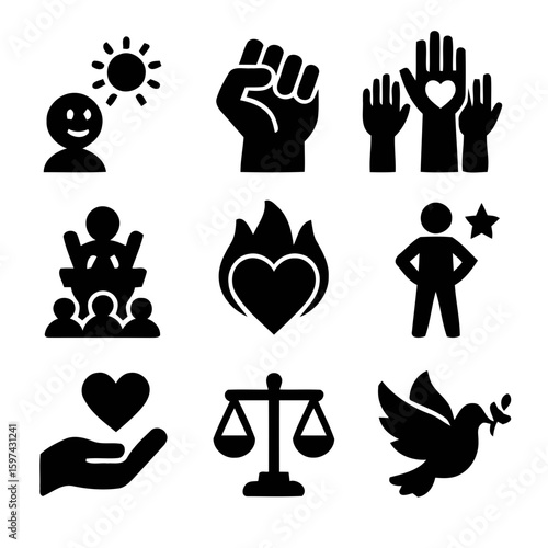 Collection of nine graphic symbols representing social justice activism and positive human values silhouette isolated on white background