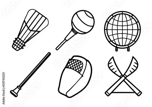 Black and white line art icons of sports equipment including shuttlecock racket and crossed sticks illustration