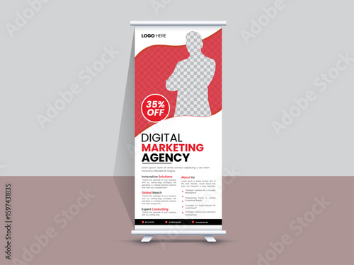 Modern Digital Marketing Agency Roll Up Banner Template – Red and White Business Promotion Standee, Editable Vector Design
