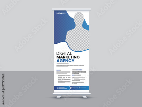 Modern Digital Marketing Agency Roll Up Banner Template – Professional Business Promotion Standee, Blue and White Editable Vector Design