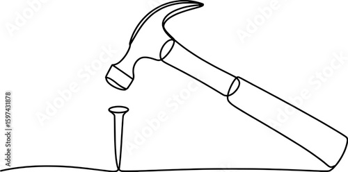 Hammer striking nail in minimalist line art hitting tool