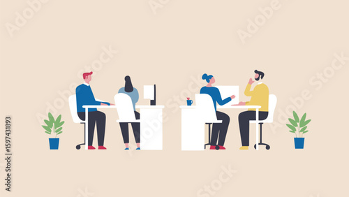 Illustration of four people working at desks with computers and plants in an office setting