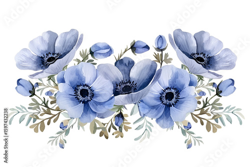 Watercolor Blue Anemone Flower Bouquet Floral Arrangement