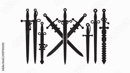 Sword silhouette collection, swords vector illustration. Medieval sword, dagger, cross guard. Black weapon designs, different shapes and styles isolated on white background