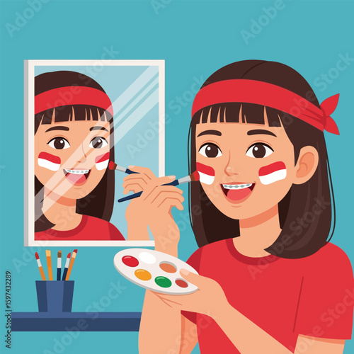 Smiling Young Woman Painting Face with Red and White Colors in Mirror