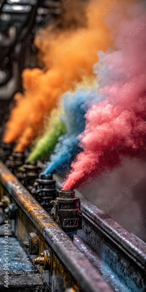 Fototapeta premium Colorful smoke plumes rising from industrial tracks