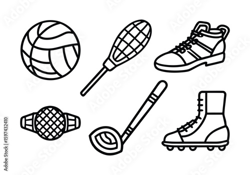 Collection of black outline sports equipment on white background volleyball golf club lacrosse stick shoes