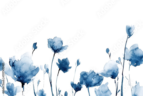 Blue watercolor flowers dark background floral art botanical painting