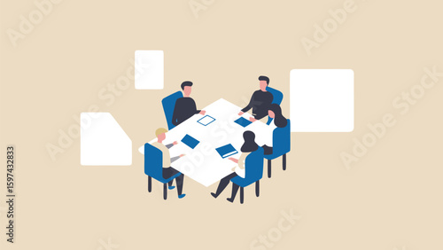 People are sitting around a square table with papers and tablets in a meeting setting depicted