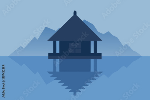 Minimalist house on stilts reflected in calm water with mountain backdrop
