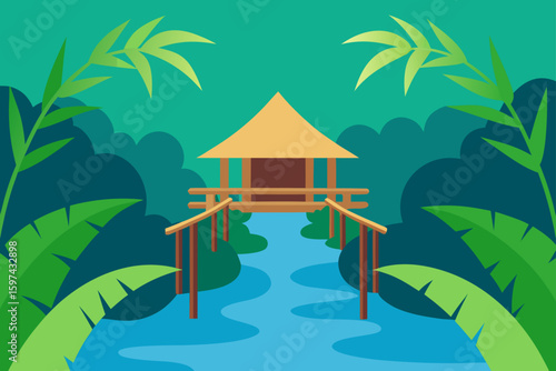 Tropical hut on stilts over a winding river surrounded by lush greenery