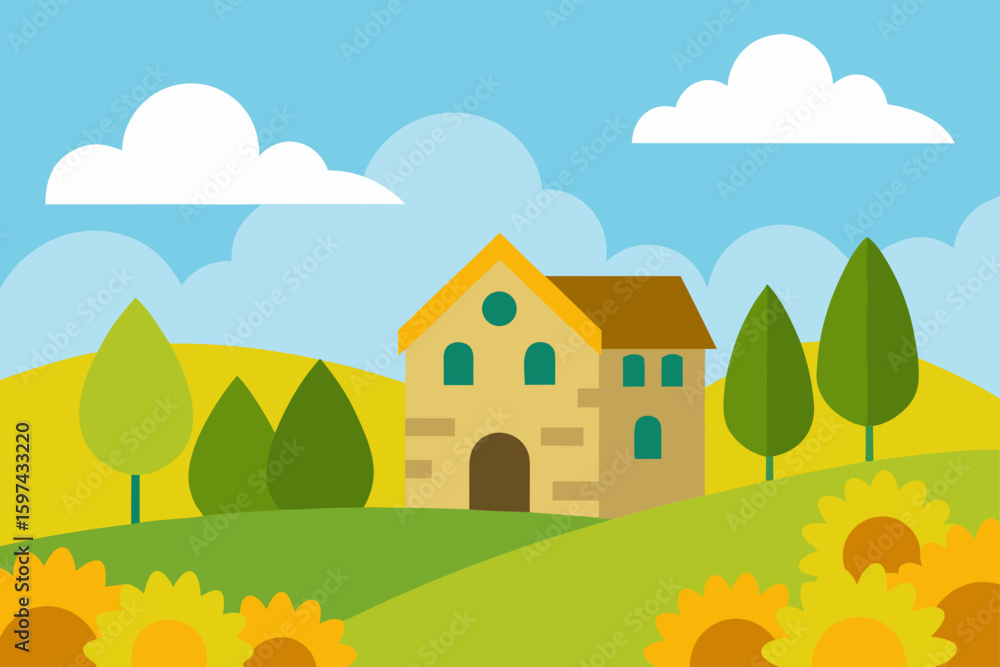 Fototapeta premium Charming country house surrounded by rolling hills and sunflowers under a blue sky with clouds