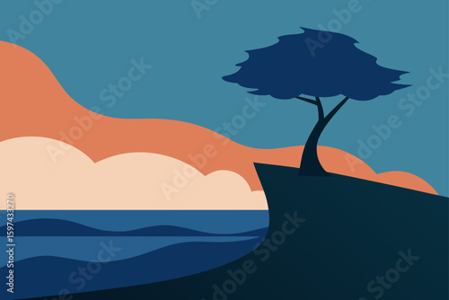 Stylized landscape with a solitary tree on a cliff overlooking the sea at sunset
