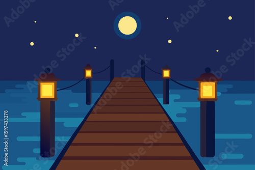 Flat design pier with lanterns under the moonlit night sky