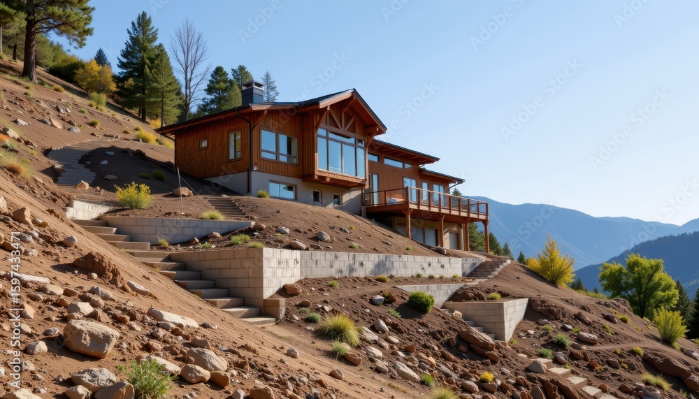 Fototapeta premium split level home on sloped terrain with terraced concrete foundations integrated into hillside contour reducing excavation and enhancing structural integrity for stable hillside dwelling
