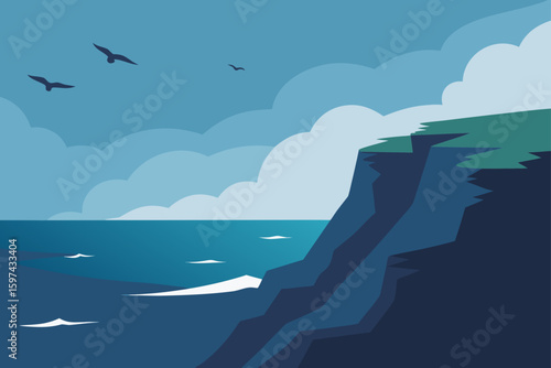 Stylized illustration of a dramatic coastal cliff overlooking the ocean with birds flying