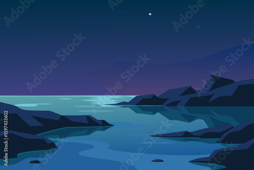 Calm night landscape with starry sky over a tranquil lake and rocky shore