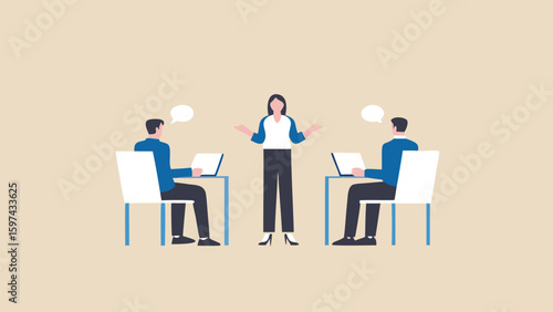 Illustration of a woman mediating between two men working on laptops at their desks with thought bubbles