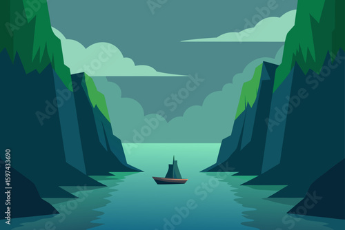 Sailboat navigates through a majestic fjord with dramatic cliffs