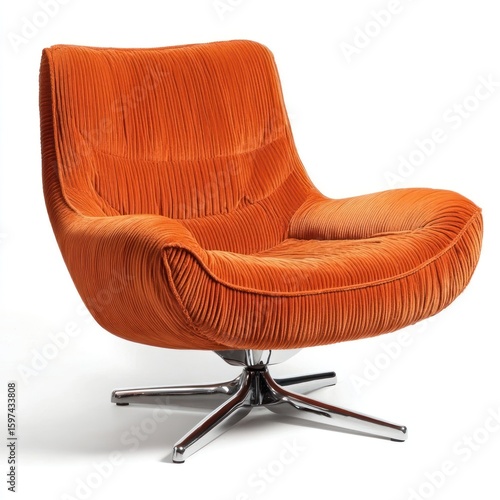 Orange corduroy lounge chair with chrome swivel base furniture armchair interior.