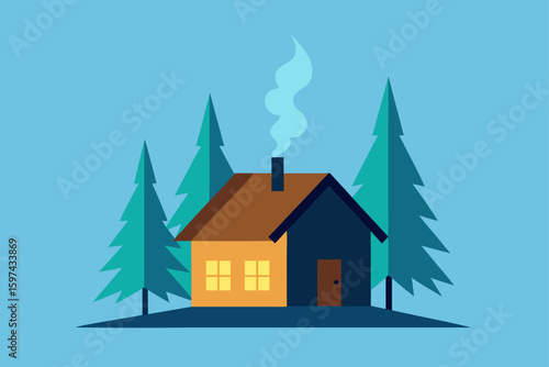 Cozy cabin with smoke coming from the chimney surrounded by pine trees