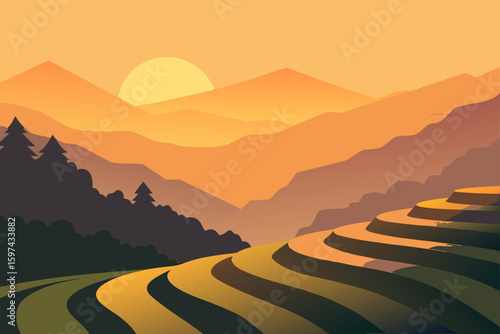 Stylized terraced hillsides at sunset with layered mountains