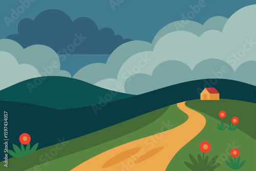 Idyllic countryside landscape with winding path and solitary house