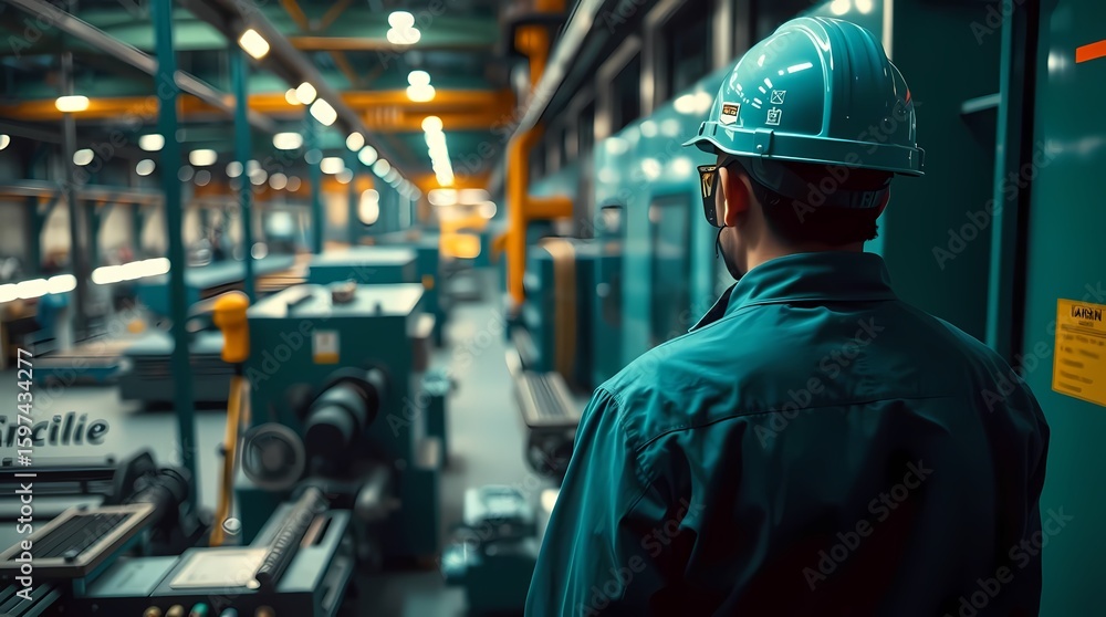 Obraz premium Realistic HD photo of a factory worker operating a machine without showing the face