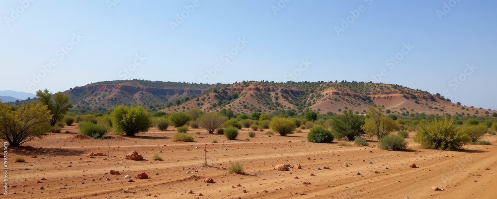 Naklejka premium hilly area with exposed soil and sparse vegetation prone to wind erosion increasing natural disaster risk during storms and dry conditions