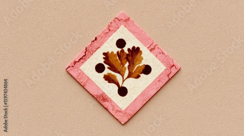 Decorative rhombus motif with brown leaf design and pink marbled border