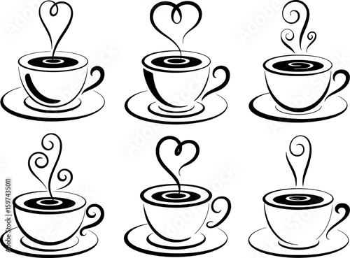 Six stylized coffee cups with heart shaped steam saucer