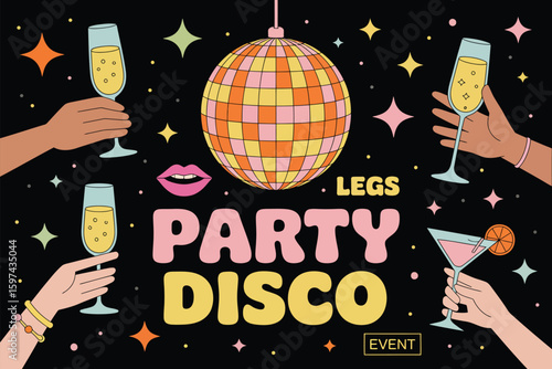Funky 70s Retro Party Vector – Disco Ball & Drinks

